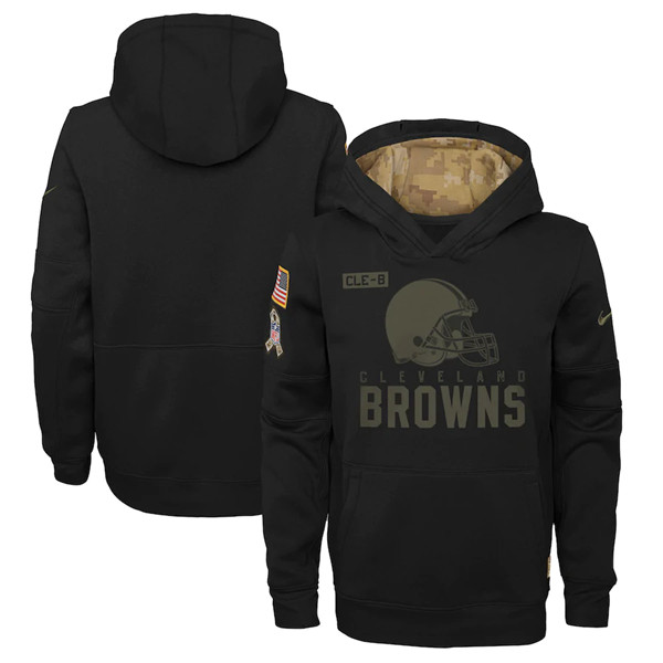 Youth Cleveland Browns Black NFL 2020 Salute To Service Sideline Performance Pullover Hoodie